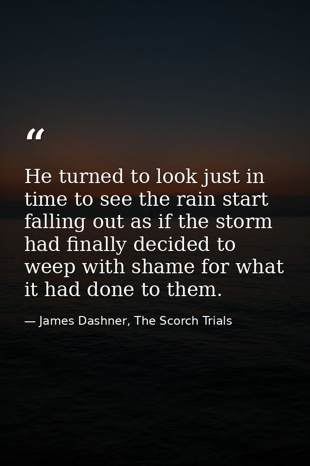 He turned to look just in time to see the rain start falling out as if the storm had finally decided to weep with shame  — James Dashner, The Scorch Trials