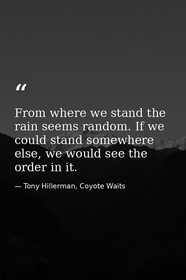From where we stand the rain seems random. If we could stand somewhere else, we would see the order in it. — Tony Hillerman, Coyote Waits