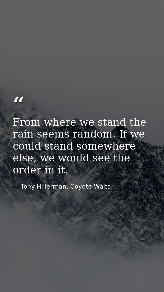 From where we stand the rain seems random. If we could stand somewhere else, we would see the order in it. — Tony Hillerman, Coyote Waits
