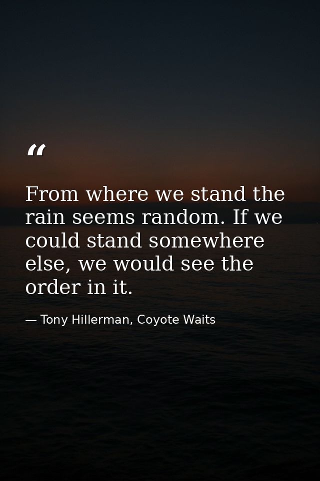 From where we stand the rain seems random. If we could stand somewhere else, we would see the order in it. — Tony Hillerman, Coyote Waits