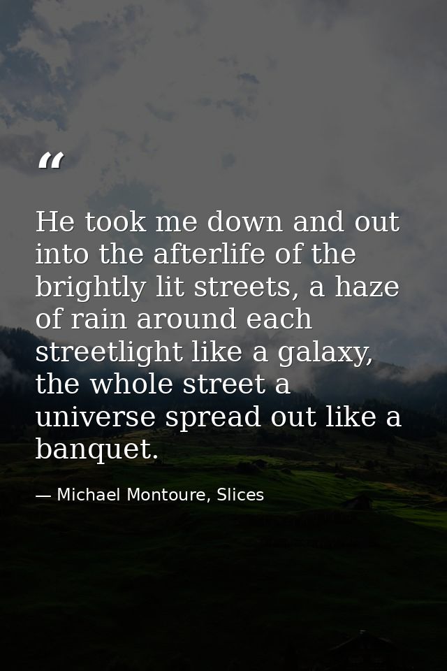 He took me down and out into the afterlife of the brightly lit streets, a haze of rain around each streetlight like a ga — Michael Montoure, Slices