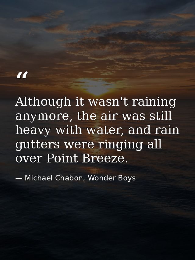 Although it wasn't raining anymore, the air was still heavy with water, and rain gutters were ringing all over Point Bre — Michael Chabon, Wonder Boys