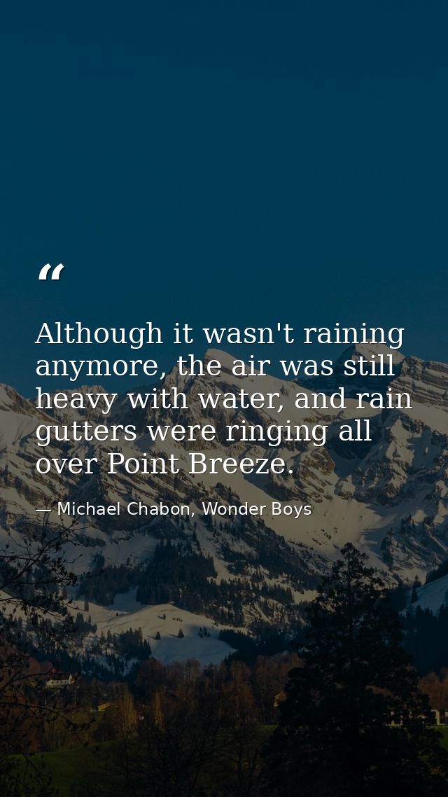 Although it wasn't raining anymore, the air was still heavy with water, and rain gutters were ringing all over Point Bre — Michael Chabon, Wonder Boys