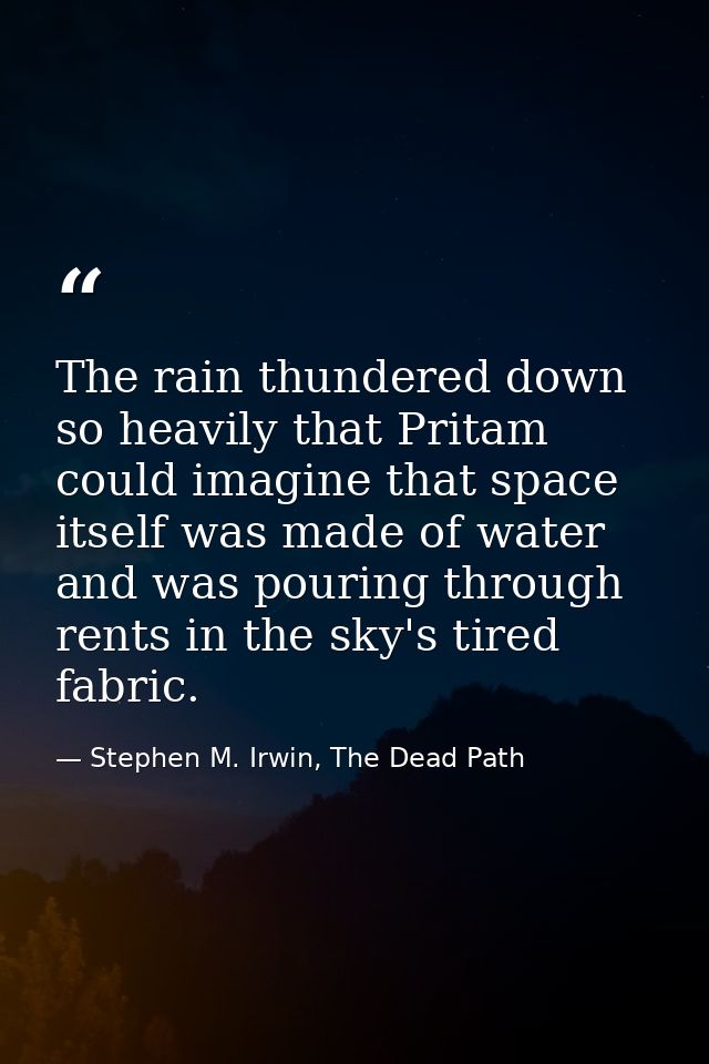 The rain thundered down so heavily that Pritam could imagine that space itself was made of water and was pouring through — Stephen M. Irwin, The Dead Path