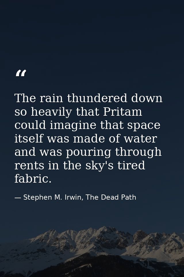 The rain thundered down so heavily that Pritam could imagine that space itself was made of water and was pouring through — Stephen M. Irwin, The Dead Path
