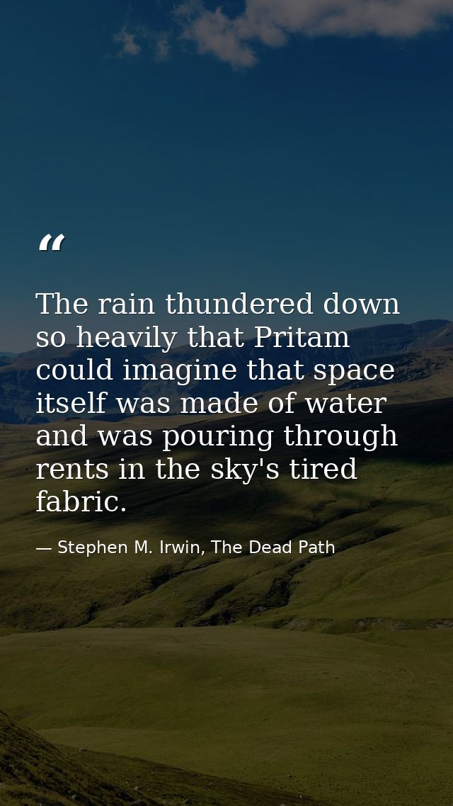 The rain thundered down so heavily that Pritam could imagine that space itself was made of water and was pouring through — Stephen M. Irwin, The Dead Path