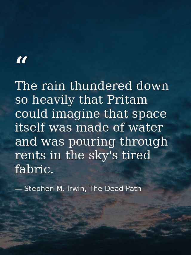 The rain thundered down so heavily that Pritam could imagine that space itself was made of water and was pouring through — Stephen M. Irwin, The Dead Path