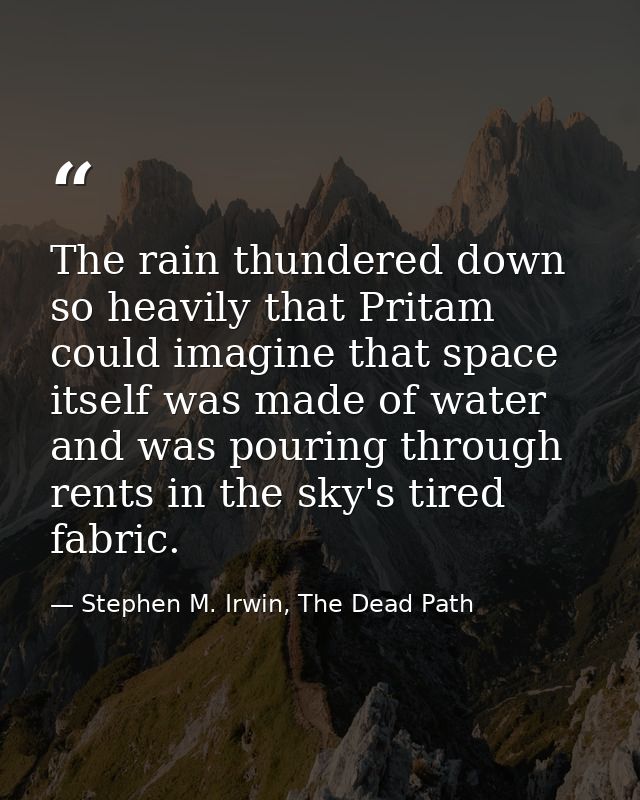 The rain thundered down so heavily that Pritam could imagine that space itself was made of water and was pouring through — Stephen M. Irwin, The Dead Path