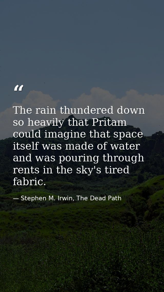 The rain thundered down so heavily that Pritam could imagine that space itself was made of water and was pouring through — Stephen M. Irwin, The Dead Path