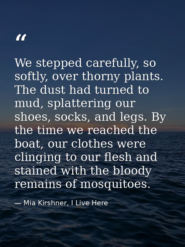 We stepped carefully, so softly, over thorny plants. The dust had turned to mud, splattering our shoes, socks, and legs. — Mia Kirshner, I Live Here