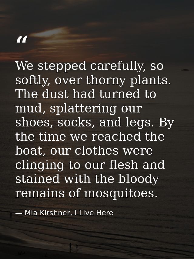 We stepped carefully, so softly, over thorny plants. The dust had turned to mud, splattering our shoes, socks, and legs. — Mia Kirshner, I Live Here