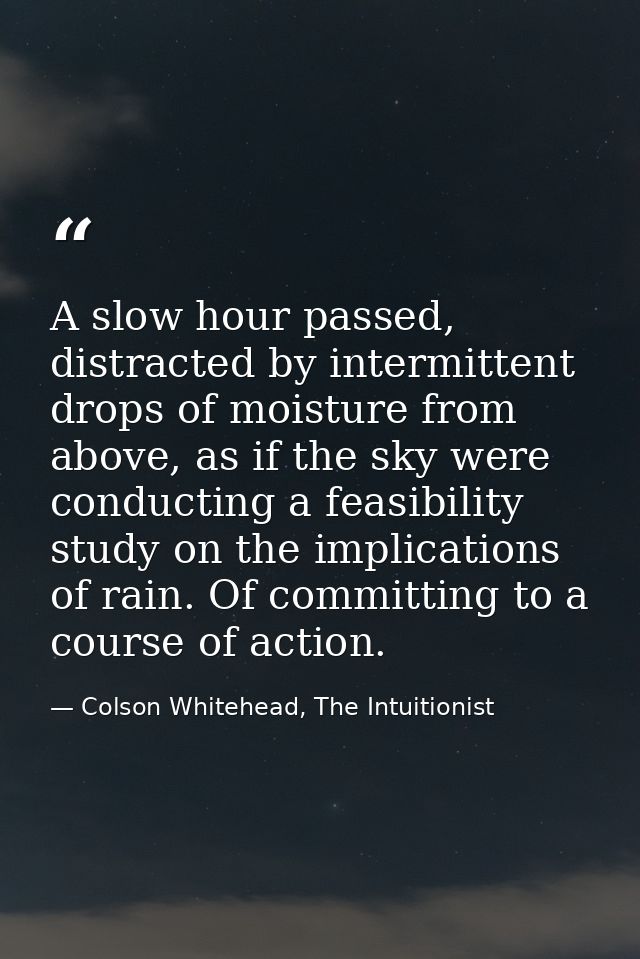 A slow hour passed, distracted by intermittent drops of moisture from above, as if the sky were conducting a feasibility — Colson Whitehead, The Intuitionist