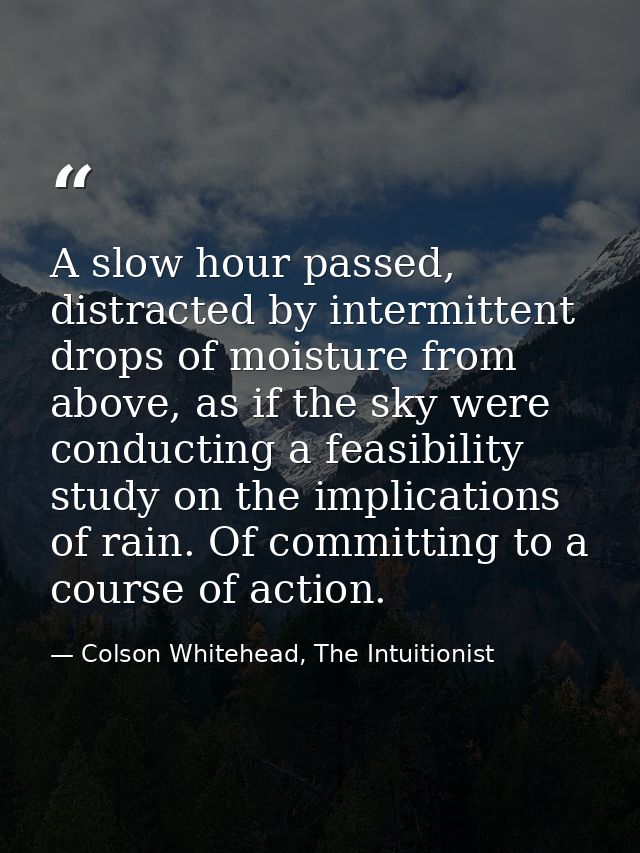 A slow hour passed, distracted by intermittent drops of moisture from above, as if the sky were conducting a feasibility — Colson Whitehead, The Intuitionist