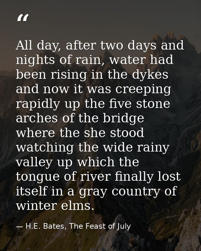 All day, after two days and nights of rain, water had been rising in the dykes and now it was creeping rapidly up the fi — H.E. Bates, The Feast of July