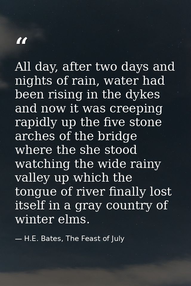 All day, after two days and nights of rain, water had been rising in the dykes and now it was creeping rapidly up the fi — H.E. Bates, The Feast of July