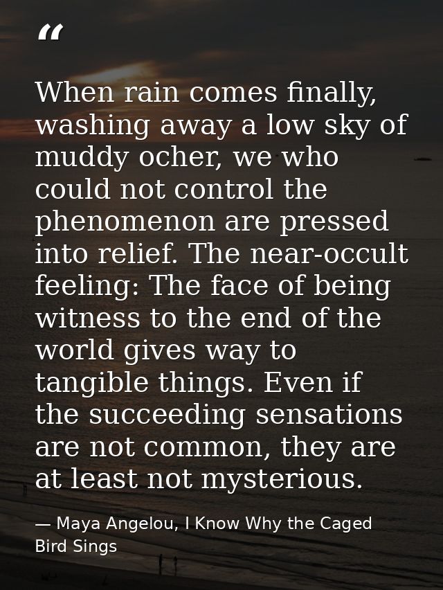 When rain comes finally, washing away a low sky of muddy ocher, we who could not control the phenomenon are pressed into — Maya Angelou, I Know Why the Caged Bird Sings