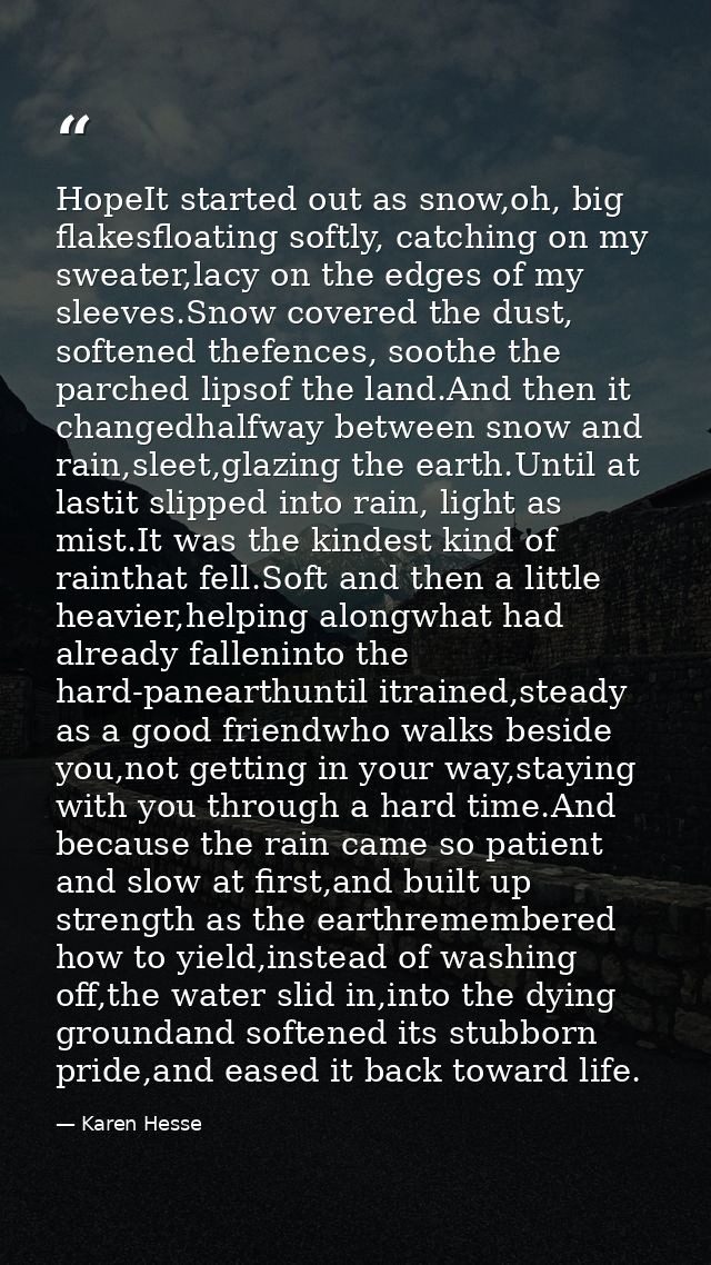 HopeIt started out as snow,oh, big flakesfloating softly, catching on my sweater,lacy on the edges of my sleeves.Snow co — Karen Hesse