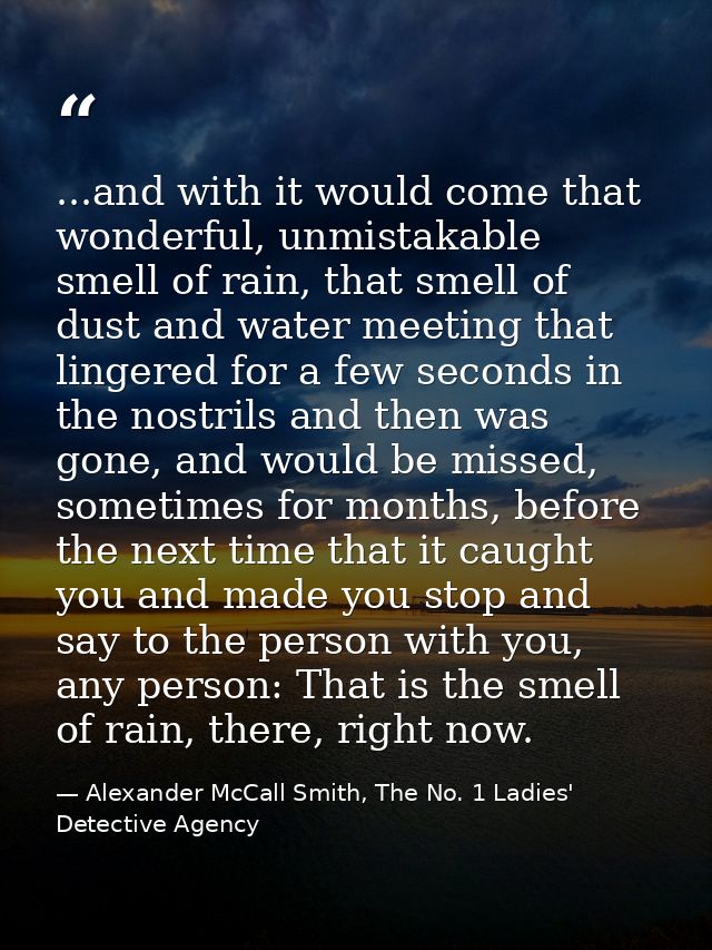 ...and with it would come that wonderful, unmistakable smell of rain, that smell of dust and water meeting that lingered — Alexander McCall Smith, The No. 1 Ladies' Detective Agency