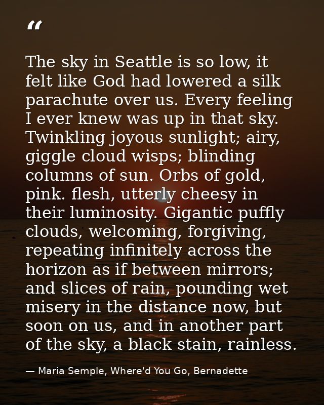 The sky in Seattle is so low, it felt like God had lowered a silk parachute over us. Every feeling I ever knew was up in — Maria Semple, Where'd You Go, Bernadette