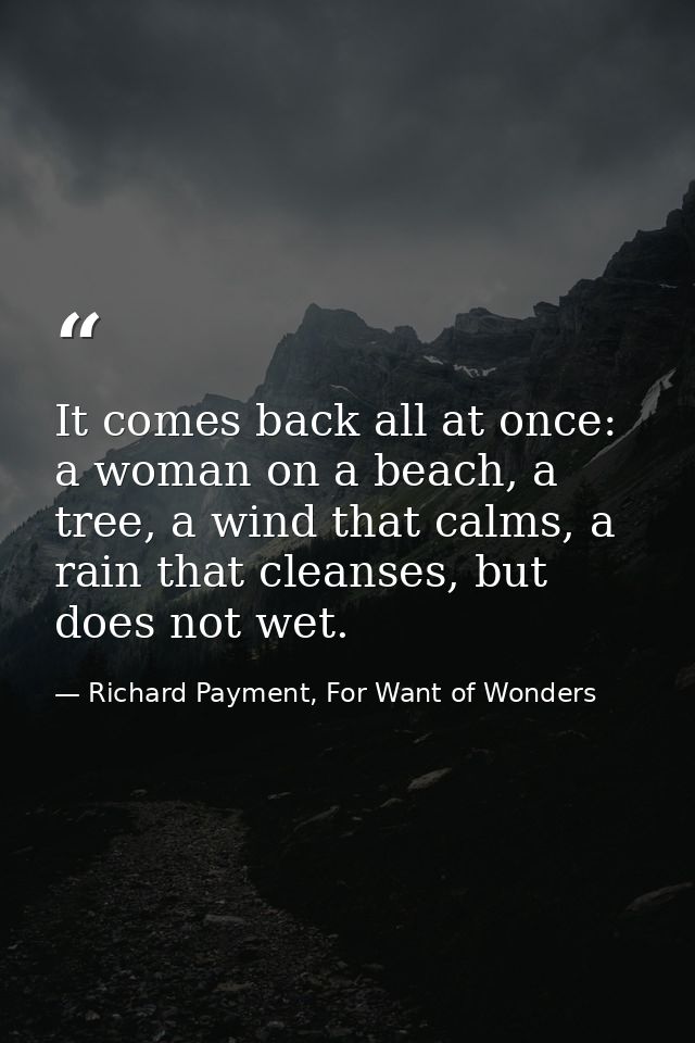It comes back all at once: a woman on a beach, a tree, a wind that calms, a rain that cleanses, but does not wet. — Richard Payment, For Want of Wonders