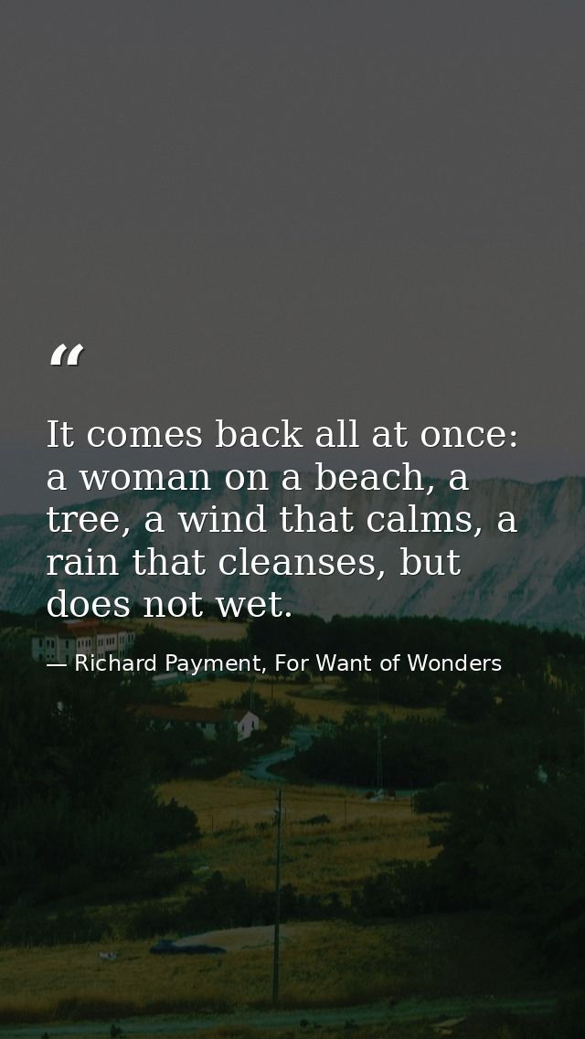 It comes back all at once: a woman on a beach, a tree, a wind that calms, a rain that cleanses, but does not wet. — Richard Payment, For Want of Wonders