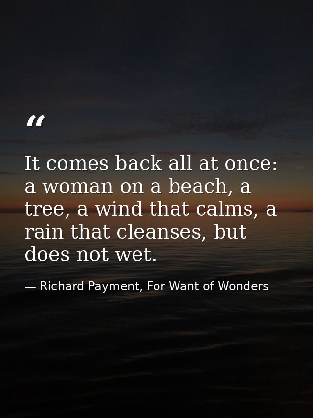 It comes back all at once: a woman on a beach, a tree, a wind that calms, a rain that cleanses, but does not wet. — Richard Payment, For Want of Wonders