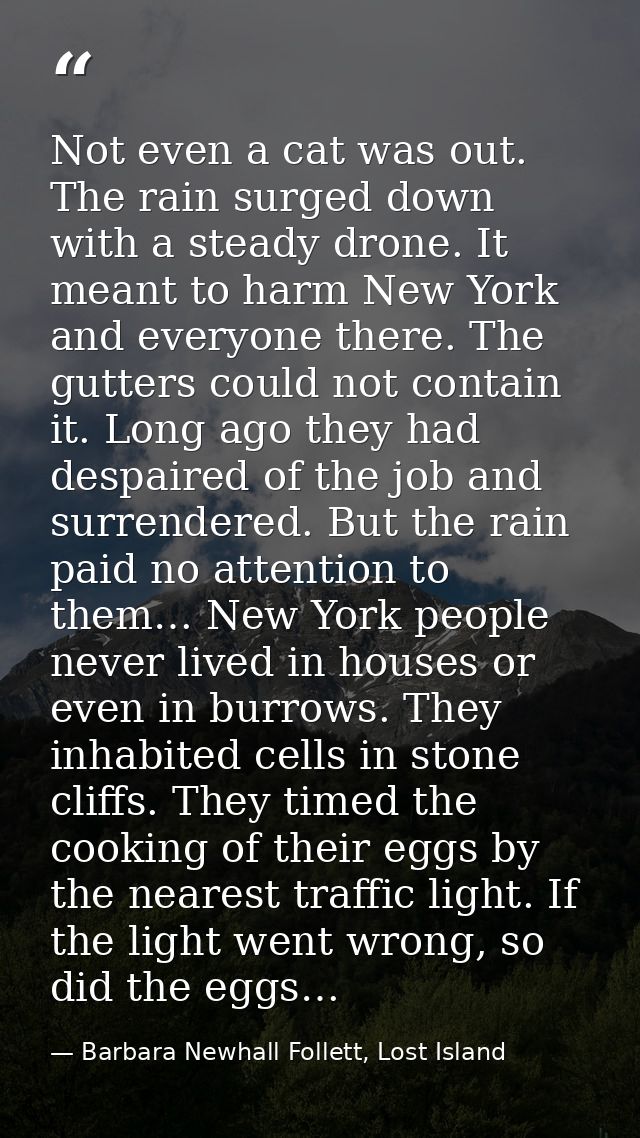 Not even a cat was out. The rain surged down with a steady drone. It meant to harm New York and everyone there. The gutt — Barbara Newhall Follett, Lost Island
