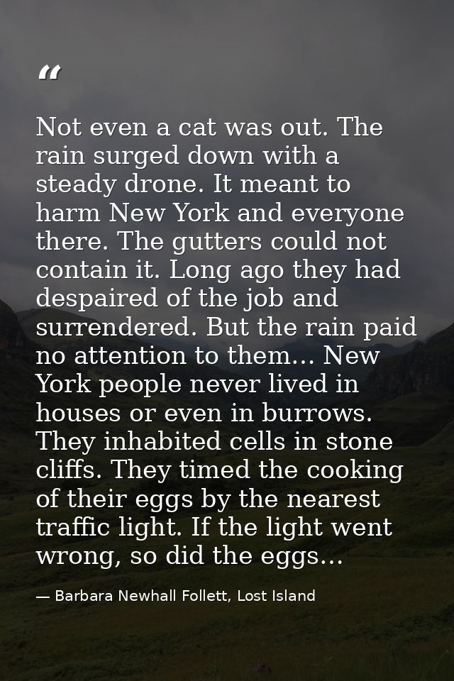 Not even a cat was out. The rain surged down with a steady drone. It meant to harm New York and everyone there. The gutt — Barbara Newhall Follett, Lost Island