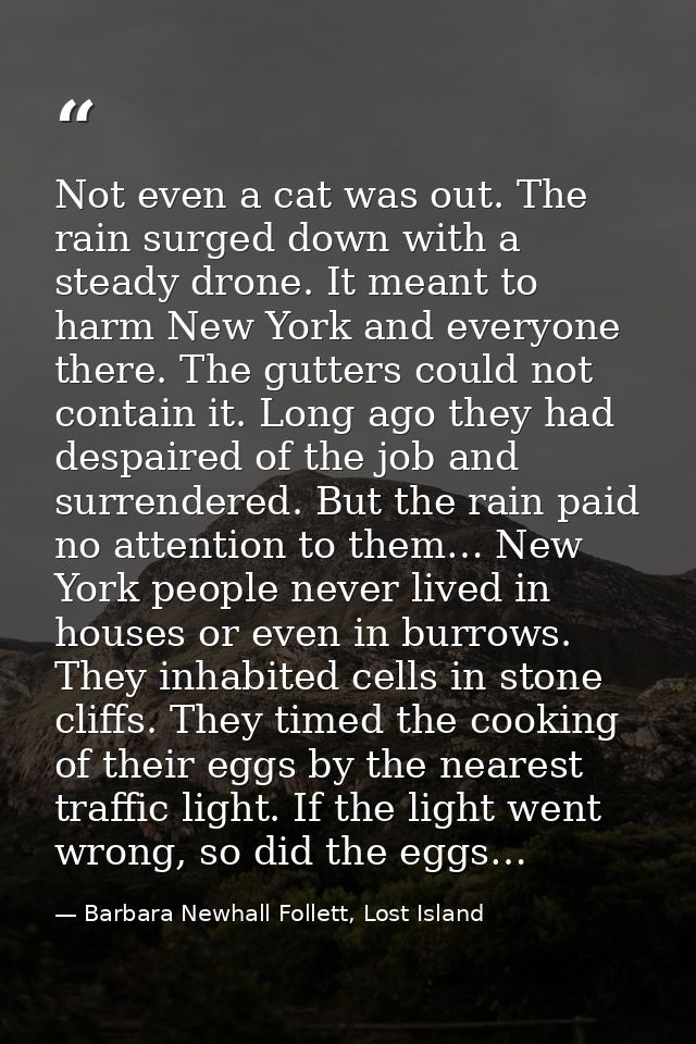 Not even a cat was out. The rain surged down with a steady drone. It meant to harm New York and everyone there. The gutt — Barbara Newhall Follett, Lost Island