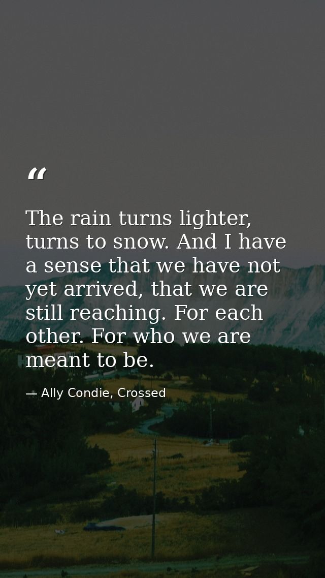 The rain turns lighter, turns to snow. And I have a sense that we have not yet arrived, that we are still reaching. For  — Ally Condie, Crossed