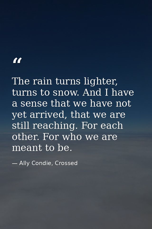 The rain turns lighter, turns to snow. And I have a sense that we have not yet arrived, that we are still reaching. For  — Ally Condie, Crossed