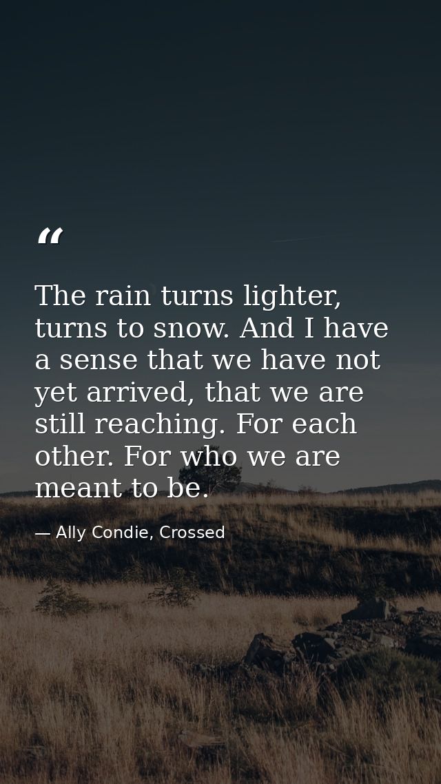 The rain turns lighter, turns to snow. And I have a sense that we have not yet arrived, that we are still reaching. For  — Ally Condie, Crossed