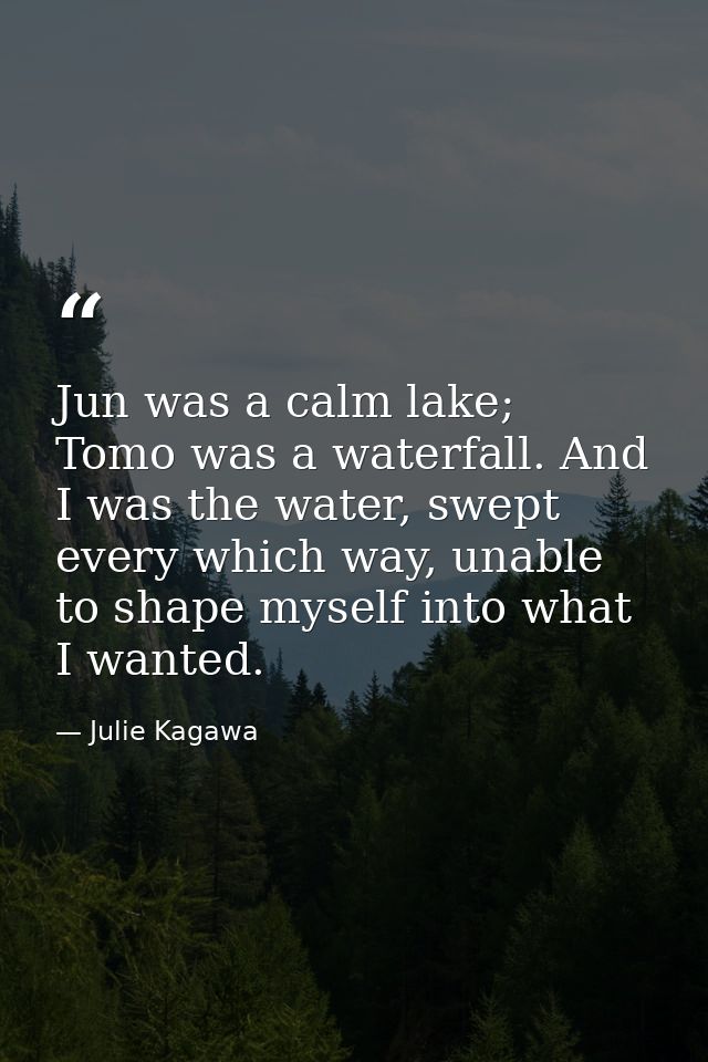 Jun was a calm lake; Tomo was a waterfall. And I was the water, swept every which way, unable to shape myself into what  — Julie Kagawa