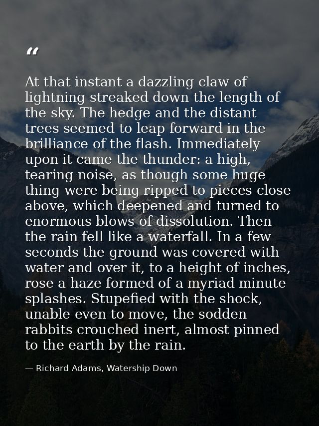 At that instant a dazzling claw of lightning streaked down the length of the sky. The hedge and the distant trees seemed — Richard Adams, Watership Down
