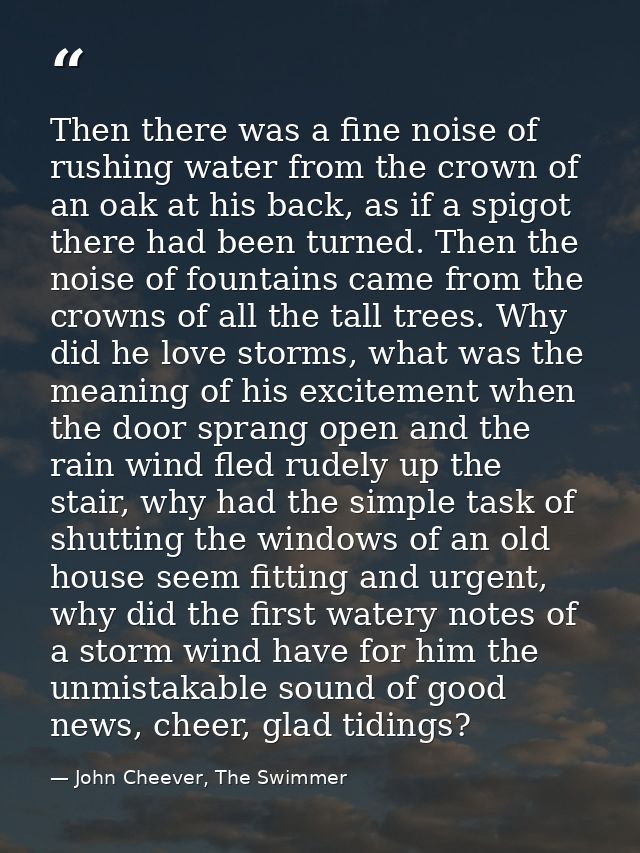 Then there was a fine noise of rushing water from the crown of an oak at his back, as if a spigot there had been turned. — John Cheever, The Swimmer