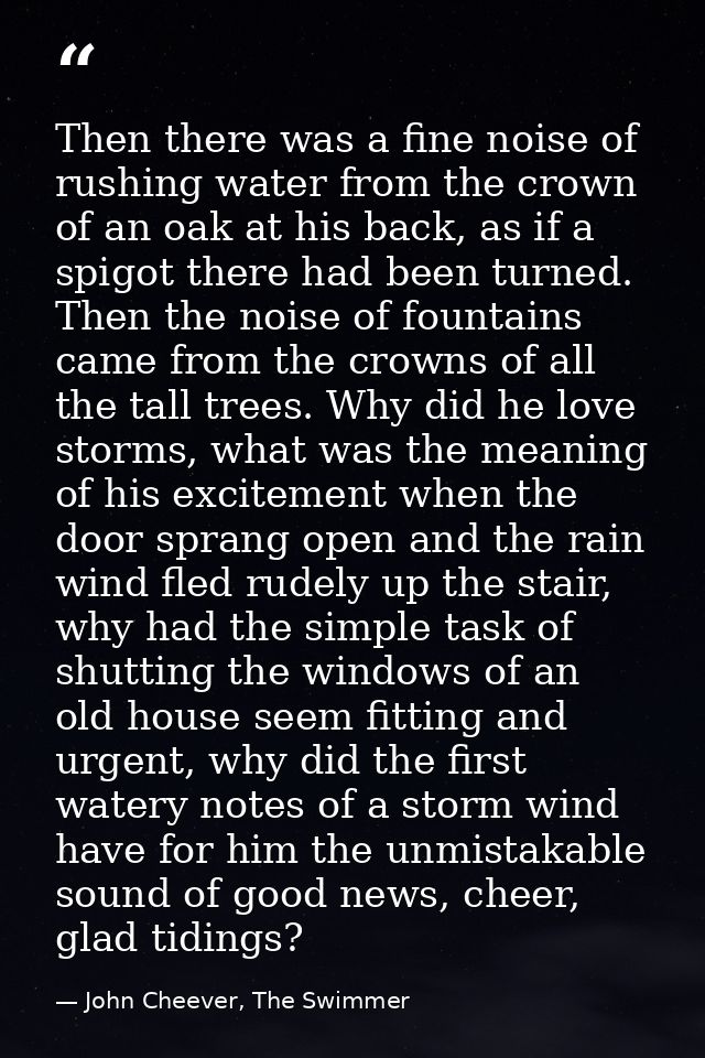 Then there was a fine noise of rushing water from the crown of an oak at his back, as if a spigot there had been turned. — John Cheever, The Swimmer
