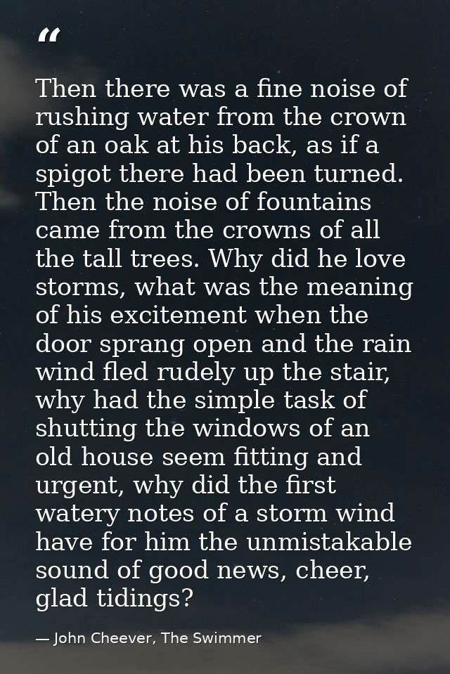 Then there was a fine noise of rushing water from the crown of an oak at his back, as if a spigot there had been turned. — John Cheever, The Swimmer
