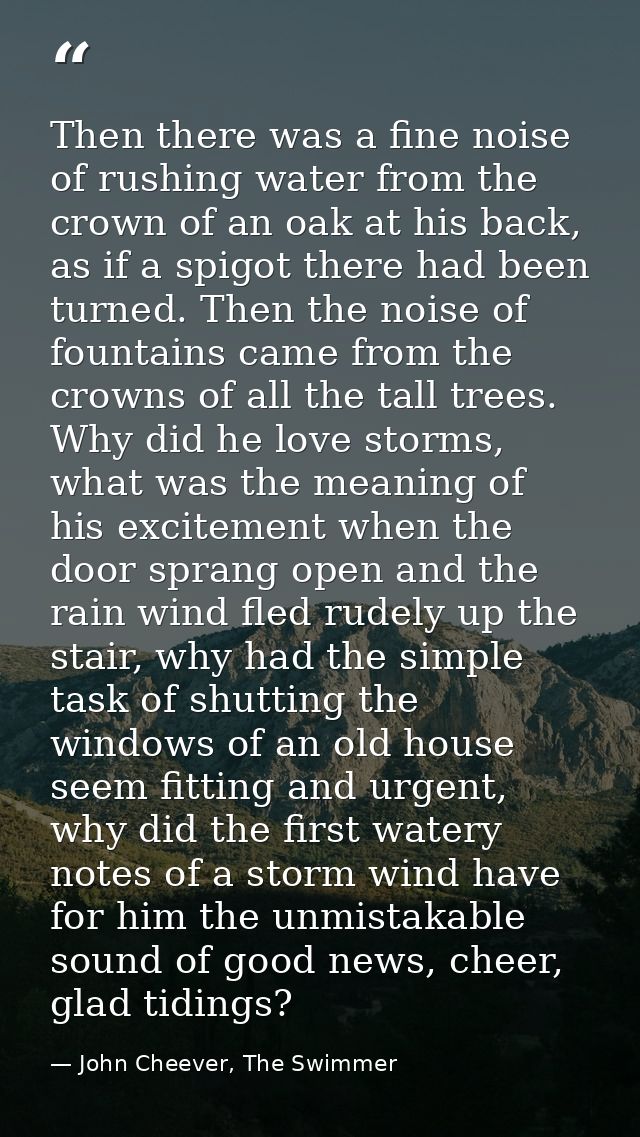 Then there was a fine noise of rushing water from the crown of an oak at his back, as if a spigot there had been turned. — John Cheever, The Swimmer