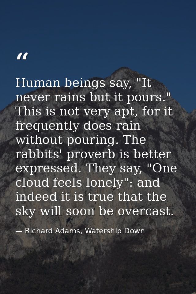 Human beings say, "It never rains but it pours." This is not very apt, for it frequently does rain without pouring. The  — Richard Adams, Watership Down