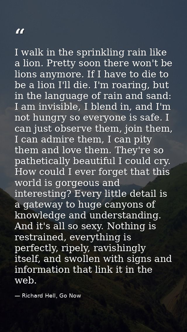 I walk in the sprinkling rain like a lion. Pretty soon there won't be lions anymore. If I have to die to be a lion I'll  — Richard Hell, Go Now