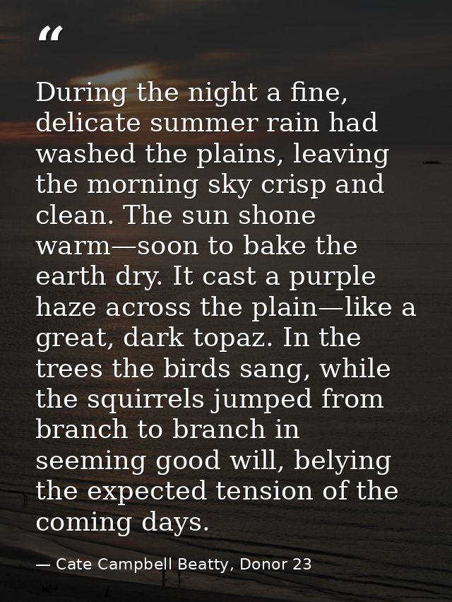 During the night a fine, delicate summer rain had washed the plains, leaving the morning sky crisp and clean. The sun sh — Cate Campbell Beatty, Donor 23