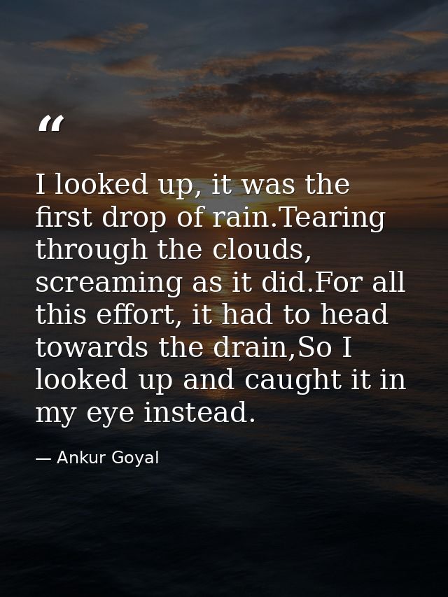 I looked up, it was the first drop of rain.Tearing through the clouds, screaming as it did.For all this effort, it had t — Ankur Goyal