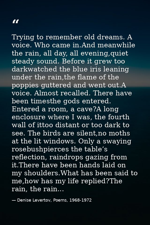 Trying to remember old dreams. A voice. Who came in.And meanwhile the rain, all day, all evening,quiet steady sound. Bef — Denise Levertov, Poems, 1968-1972