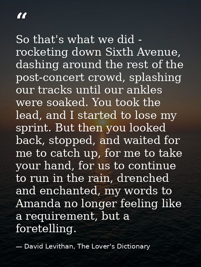 So that's what we did - rocketing down Sixth Avenue, dashing around the rest of the post-concert crowd, splashing our tr — David Levithan, The Lover's Dictionary