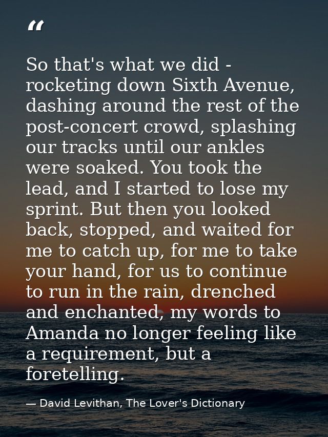 So that's what we did - rocketing down Sixth Avenue, dashing around the rest of the post-concert crowd, splashing our tr — David Levithan, The Lover's Dictionary