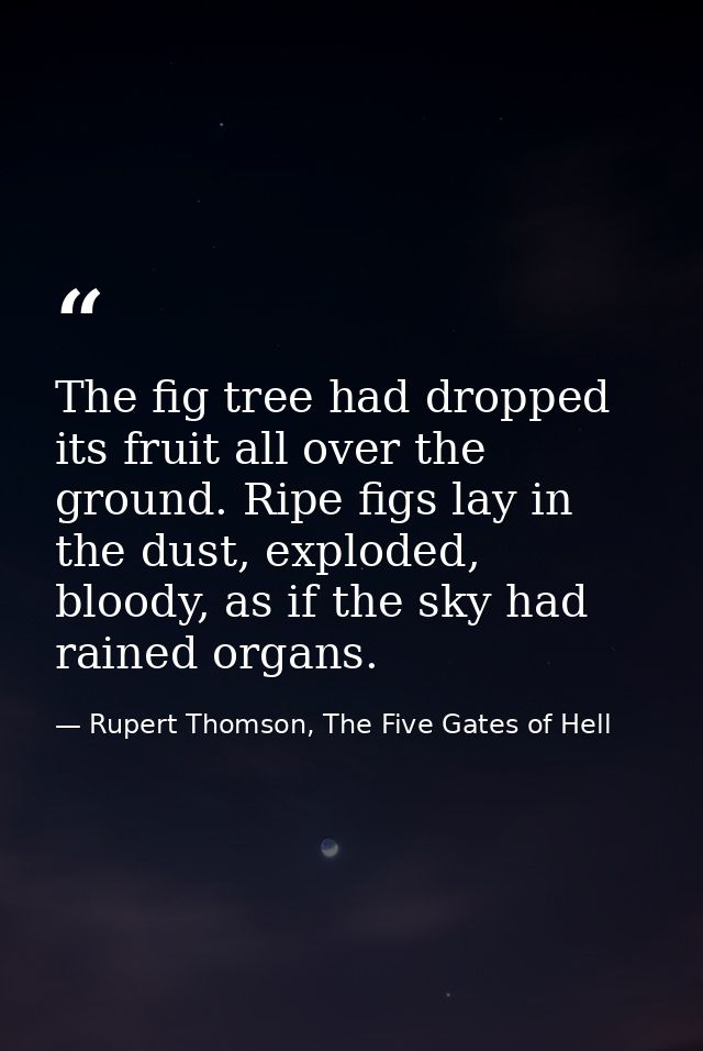 The fig tree had dropped its fruit all over the ground. Ripe figs lay in the dust, exploded, bloody, as if the sky had r — Rupert Thomson, The Five Gates of Hell