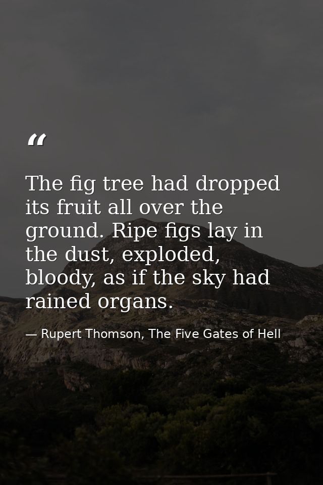 The fig tree had dropped its fruit all over the ground. Ripe figs lay in the dust, exploded, bloody, as if the sky had r — Rupert Thomson, The Five Gates of Hell