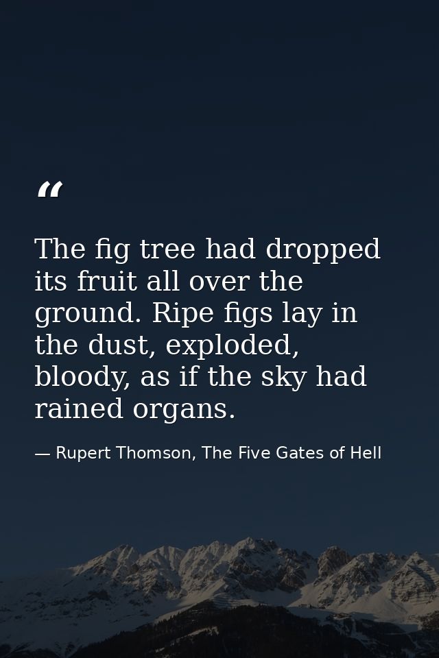 The fig tree had dropped its fruit all over the ground. Ripe figs lay in the dust, exploded, bloody, as if the sky had r — Rupert Thomson, The Five Gates of Hell