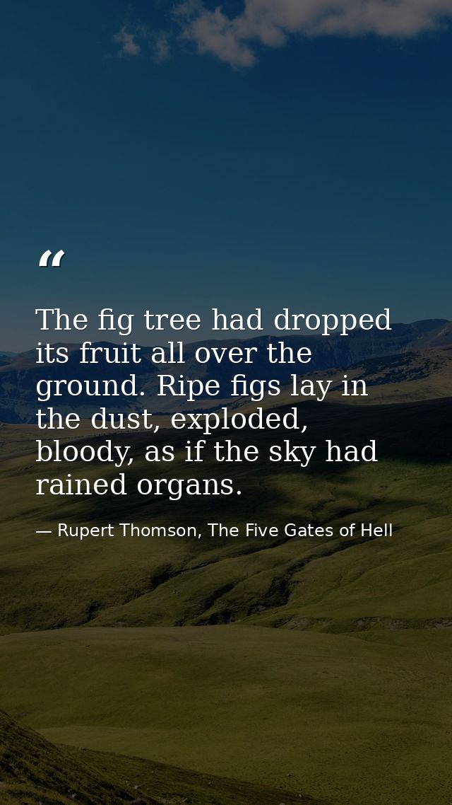 The fig tree had dropped its fruit all over the ground. Ripe figs lay in the dust, exploded, bloody, as if the sky had r — Rupert Thomson, The Five Gates of Hell