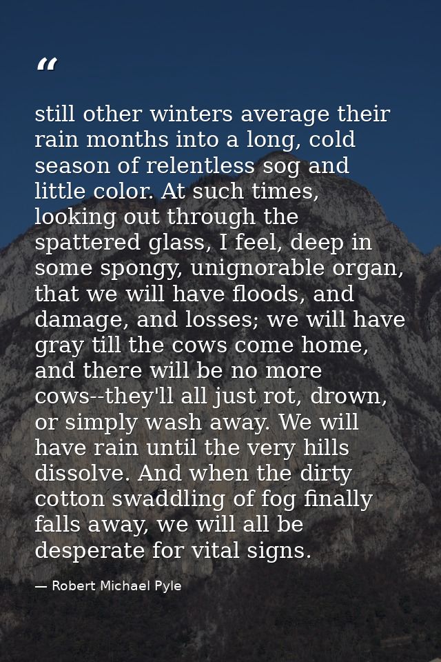 still other winters average their rain months into a long, cold season of relentless sog and little color. At such times — Robert Michael Pyle